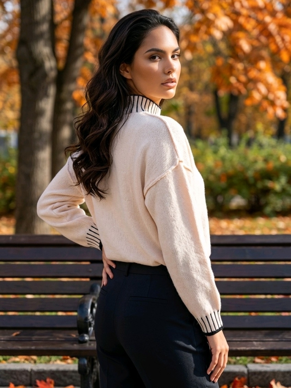 Cream Crewneck Sweater with Black Trim - Women's Sweater - Picture 6 of 15